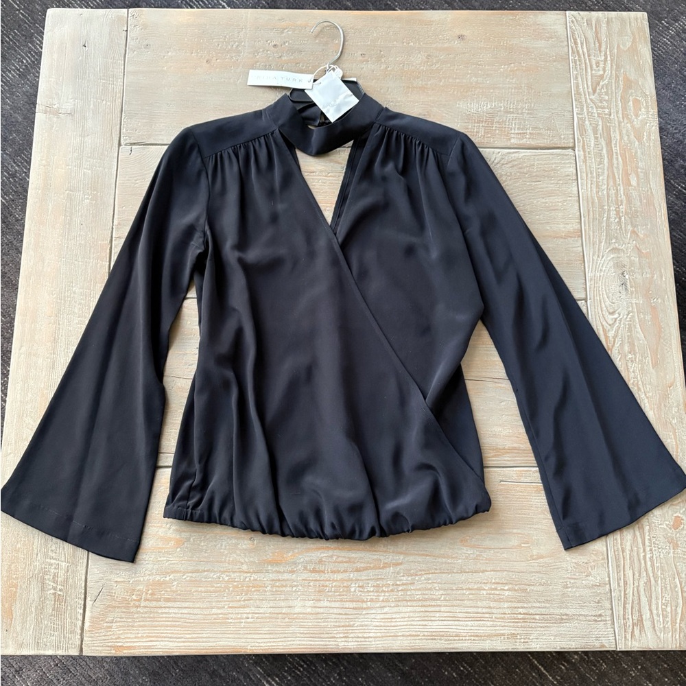Trina Turk Elegant Long Sleeved Black Silk Top Blouse